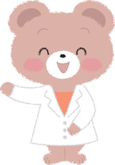片手を上げている白衣を着た笑顔のクマ