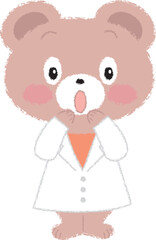 びっくりしている白衣を着たクマ