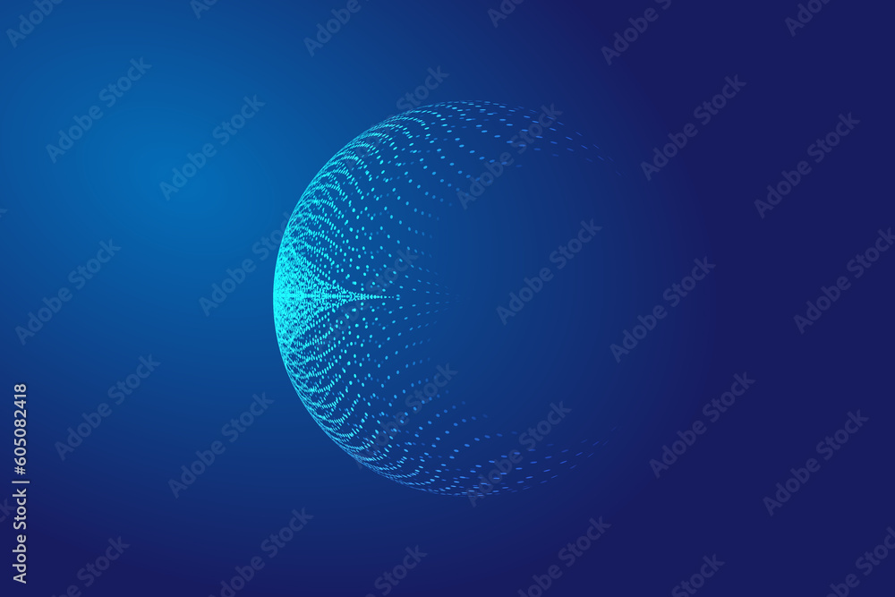 Poster luminous particles converge to form sphere internet science and technology background