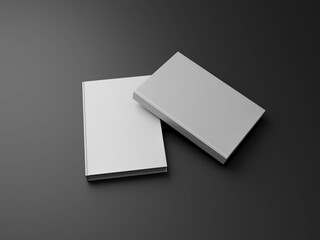Hardcover book template, two blank gray books on black background for design purposes, 3d rendering