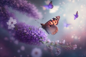 Romantic natural floral background with a butterfly on flower with bokeh, close-up macro. AI generated, human enhanced
