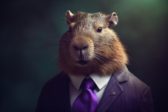 Anthropomorphic capybara dressed in a suit like a businessman. business concept. AI generated, human enhanced