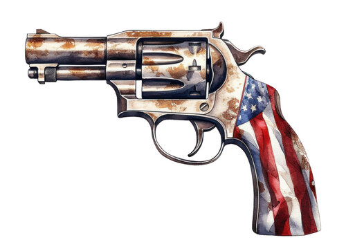 America Flag painted on a cowboy Wild west revolver, Made in the USA stamp, grunge graphics.American flag print. generative AI	
