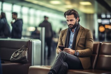Naklejka na ściany i meble Male businessman with smartphone in airport lounge. AI generated, human enhanced.