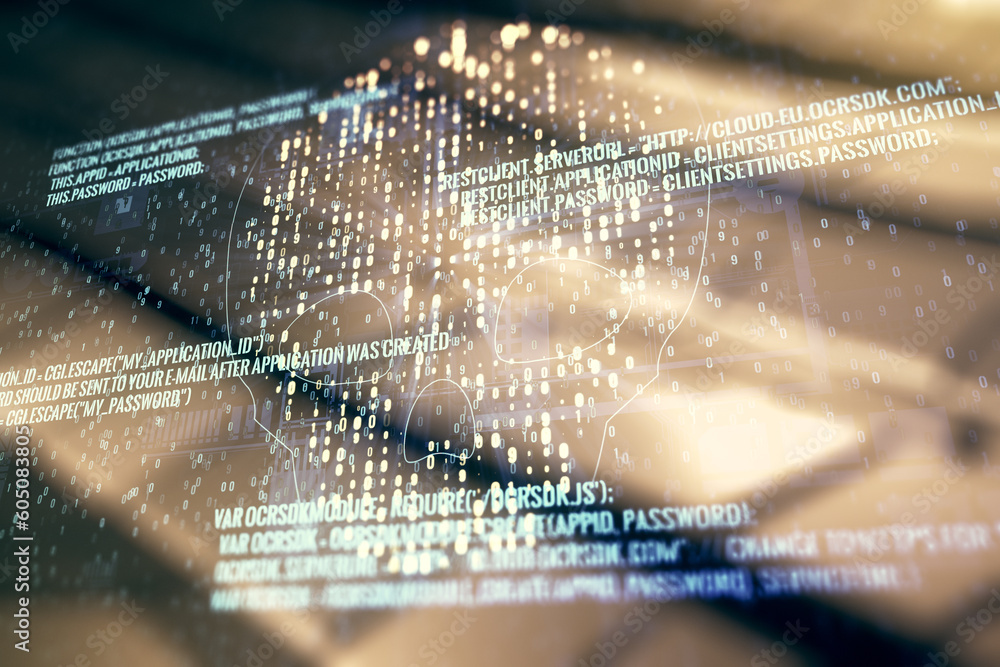 Poster double exposure of abstract virtual creative code skull hologram on blurry metal background. malware