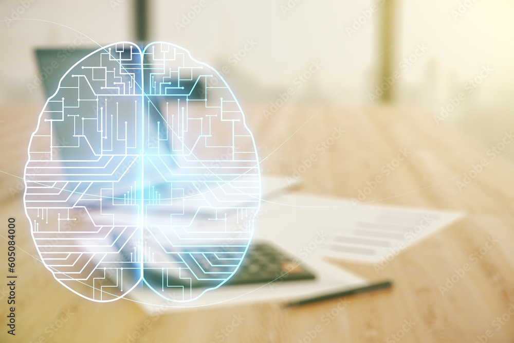 Poster Double exposure of creative artificial Intelligence interface on blurry calculator with laptop background. Neural networks and machine learning concept
