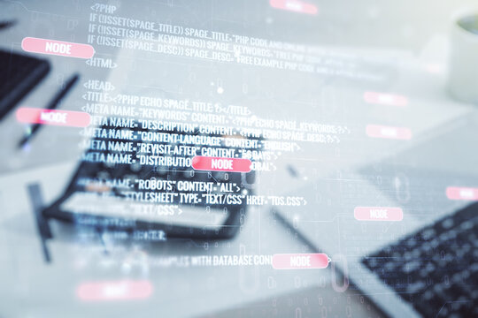 Multi exposure of abstract graphic coding sketch on blurry calculator and computer background, big data and networking concept