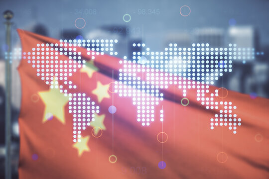 Abstract creative world map interface on flag of China and blurry cityscape background, international trading concept. Multiexposure