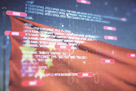 Multi exposure of abstract programming language hologram on flag of China and blue sky background, artificial intelligence and machine learning concept