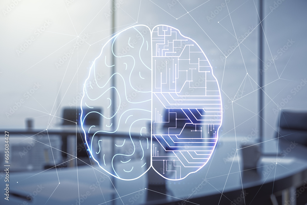Poster double exposure of creative artificial intelligence interface on a modern meeting room background. n