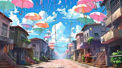 Beautiful illustration of an anime-style street background with pastel colors