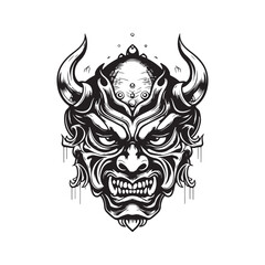 oni mask, vintage logo line art concept black and white color, hand drawn illustration