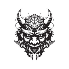 oni mask, vintage logo line art concept black and white color, hand drawn illustration