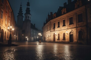 Fototapeta na wymiar Medieval town square at night with cobblestone streets and tall towers. Generative AI