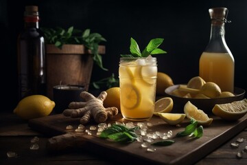 Organic honey ginger lemonade with a hint of basil for a refreshing non-alcoholic cocktail. Generative AI