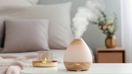 Aroma oil diffuser on table against in minimalist bedroom interior background. Generative AI. - obrazy, fototapety, plakaty