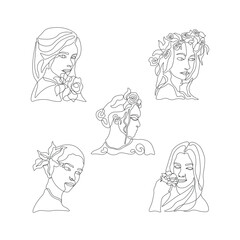 Women Face Lineart set. Woman head vector illustration. One Line Style Drawing.