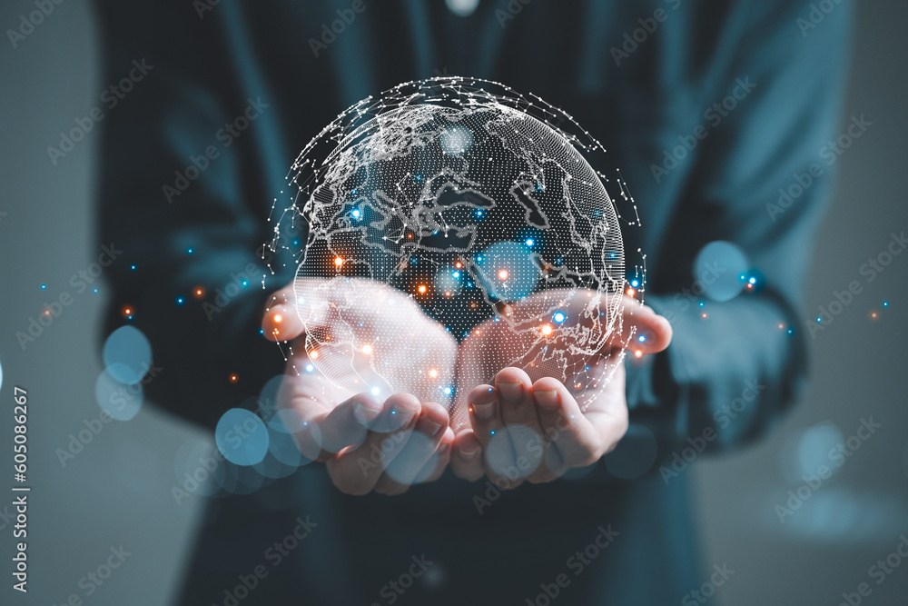Poster businessman holding global network connection. world map point and line composition concept of globa