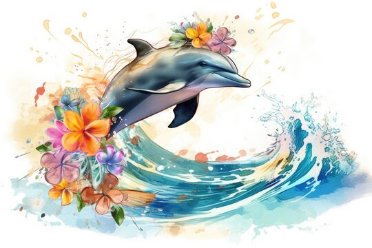 Happy dolphin in hand drawing watercolor style with summer flower decoration. distinct generative AI image.