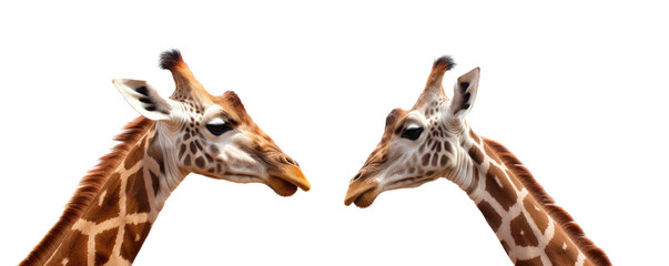 Fototapeta premium a Giraffe portrait with two Giraffes face-to-face, wildlife-themed, photorealistic illustrations on a transparent background cutout in PNG. Generative ai