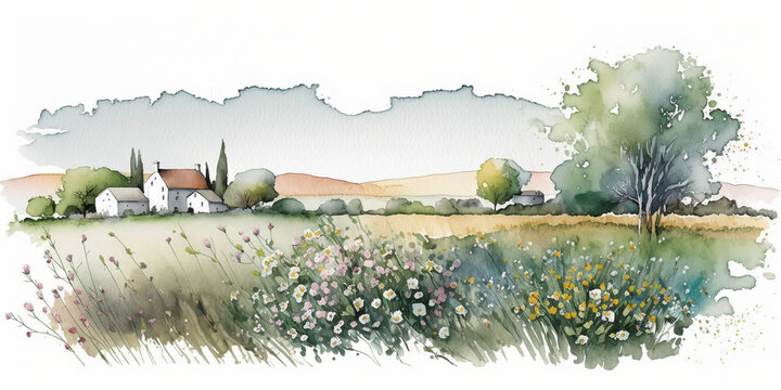 Countryside Watercolour Farmhouse Meadow Landscape Painting