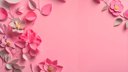 Fototapeta na wymiar Pink background with hearts and leaves. Generative AI