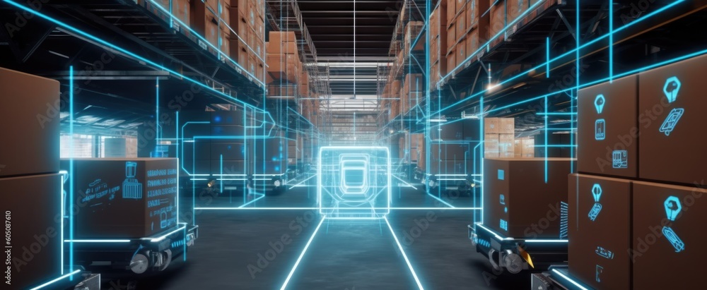 Aufkleber smart warehouse with transporter robots and holographic dashboard. generative ai aig21.