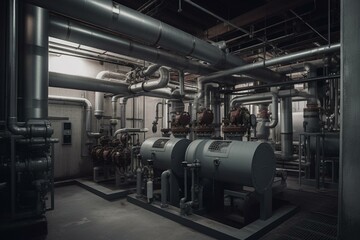 Naklejka na ściany i meble An industrial facility featuring water condenser pump, HVAC systems, and pipping lines for construction and chiller plant room. Generative AI