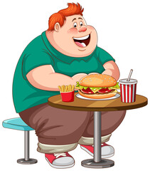 Overweight man eating fast food on the table isolated