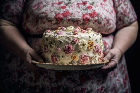 Fat woman in a flowered dress holding a frosted cake, Generative AI