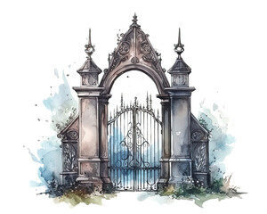 Obraz premium eerie cemetery gate in the style of dark gothic watercolor