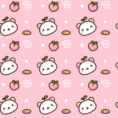 Kawaii white bear pattern with peaches and cookies on pink background