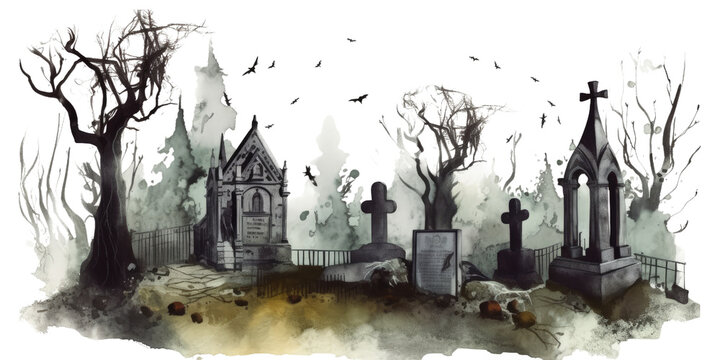 Haunting cemetery in the style of dark gothic watercolor