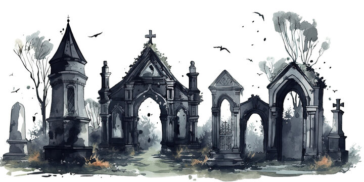 haunting cemetery in the style of dark gothic watercolor