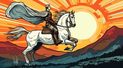 A knight in shining armor on a white horse. Fantasy concept , Illustration painting. Generative AI