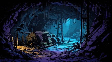 A horror scene set in an abandoned mine. Fantasy concept , Illustration painting. Generative AI