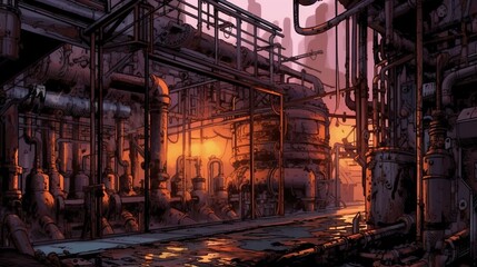 A horror scene set in an abandoned factory with rusty machinery and dripping pipes. Fantasy concept , Illustration painting. Generative AI