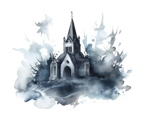 mysterious mist envelops a church building in the style of dark gothic watercolor