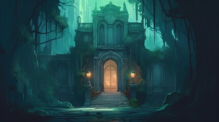 Mysterious mansion. Fantasy concept , Illustration painting. Generative AI