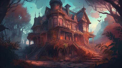 Fototapeta na wymiar Mysterious mansion. Fantasy concept , Illustration painting. Generative AI