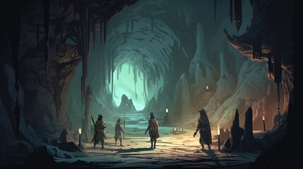 A group of adventurers exploring a dungeon. Fantasy concept , Illustration painting. Generative AI