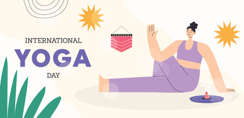 international yoga day banner. Woman practicing yoga in half spinal twist pose.