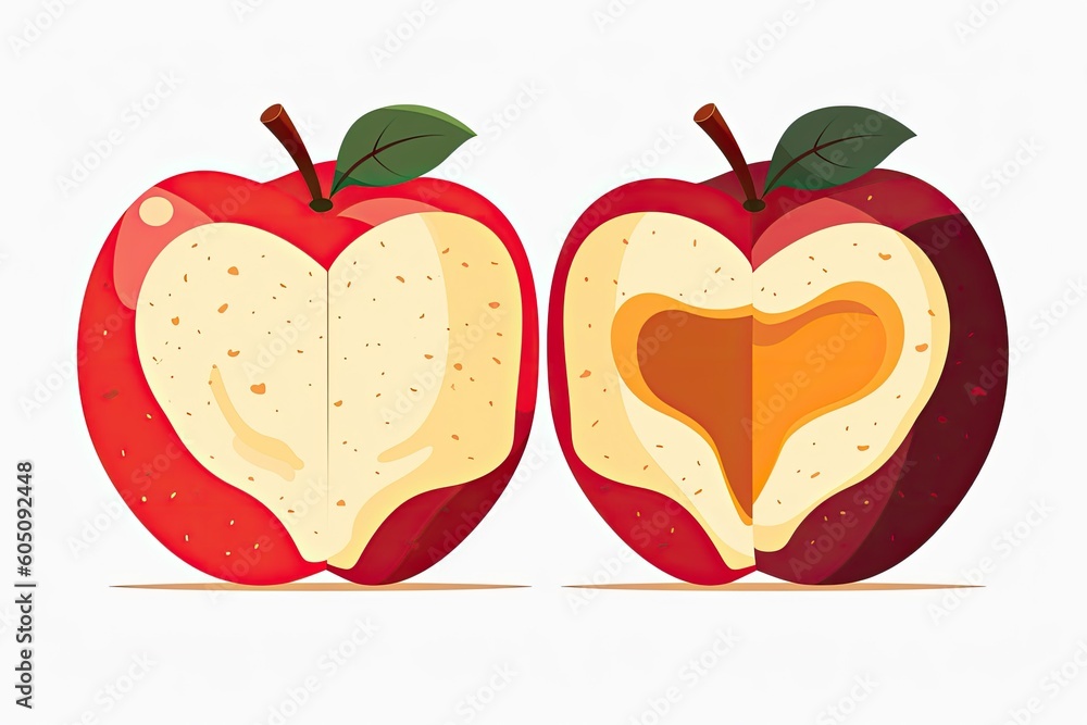 Poster two apple halves with a heart shape cut out in the center generative ai