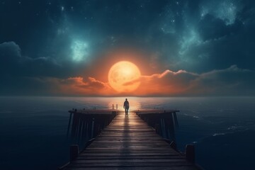 In the embrace of a vast ocean, a solitary figure stands mesmerized before the radiant glow of a supermoon. The celestial spectacle casts a mesmerizing light over the surrounding waters, Generative AI