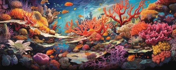 a colorful Coral reef, teaming with Sea life, Aquatic-themed, horizontal format, photorealistic illustrations in a JPG. Generative AI