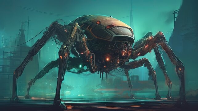 A giant robot spider with multiple legs. Fantasy concept , Illustration painting. Generative AI