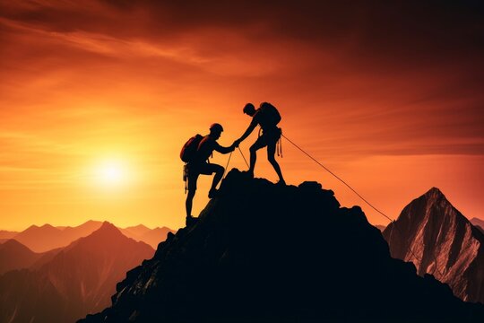 Team Of Climbers Unites, Scaling The Mountain With Synchronized Precision. Ropes Entwined, Trust Forged, And Spirits Elevated, They Conquer Challenges Together. Generative AI