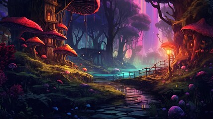 Fototapeta na wymiar A forest with a hidden fairy village. Fantasy concept , Illustration painting. Generative AI