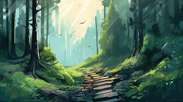 A forest with a misty path. Fantasy concept , Illustration painting. Generative AI