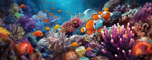 Fototapeta na wymiar a colorful Coral reef, with clownfish as the centerpiece and teaming with Sea life, Aquatic-themed, horizontal format, photorealistic illustrations in a JPG. 10:4 aspect. generative ai